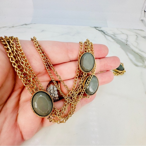 New York and Co Long Necklace Green Station Stones Multi Strand Gold Tone 35” - Picture 5 of 8